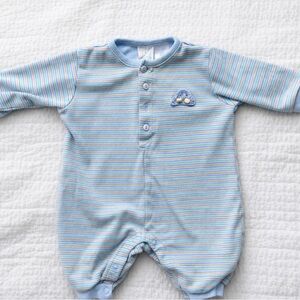 Cherokee Baby 0-3 mos Blue Striped Baby One-Piece Romper‎ Embroidered